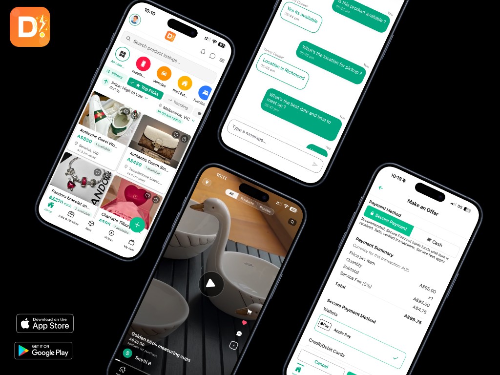 Deal Once on four phones, showing nearby listings, a chat, a video listing, and a payment screen